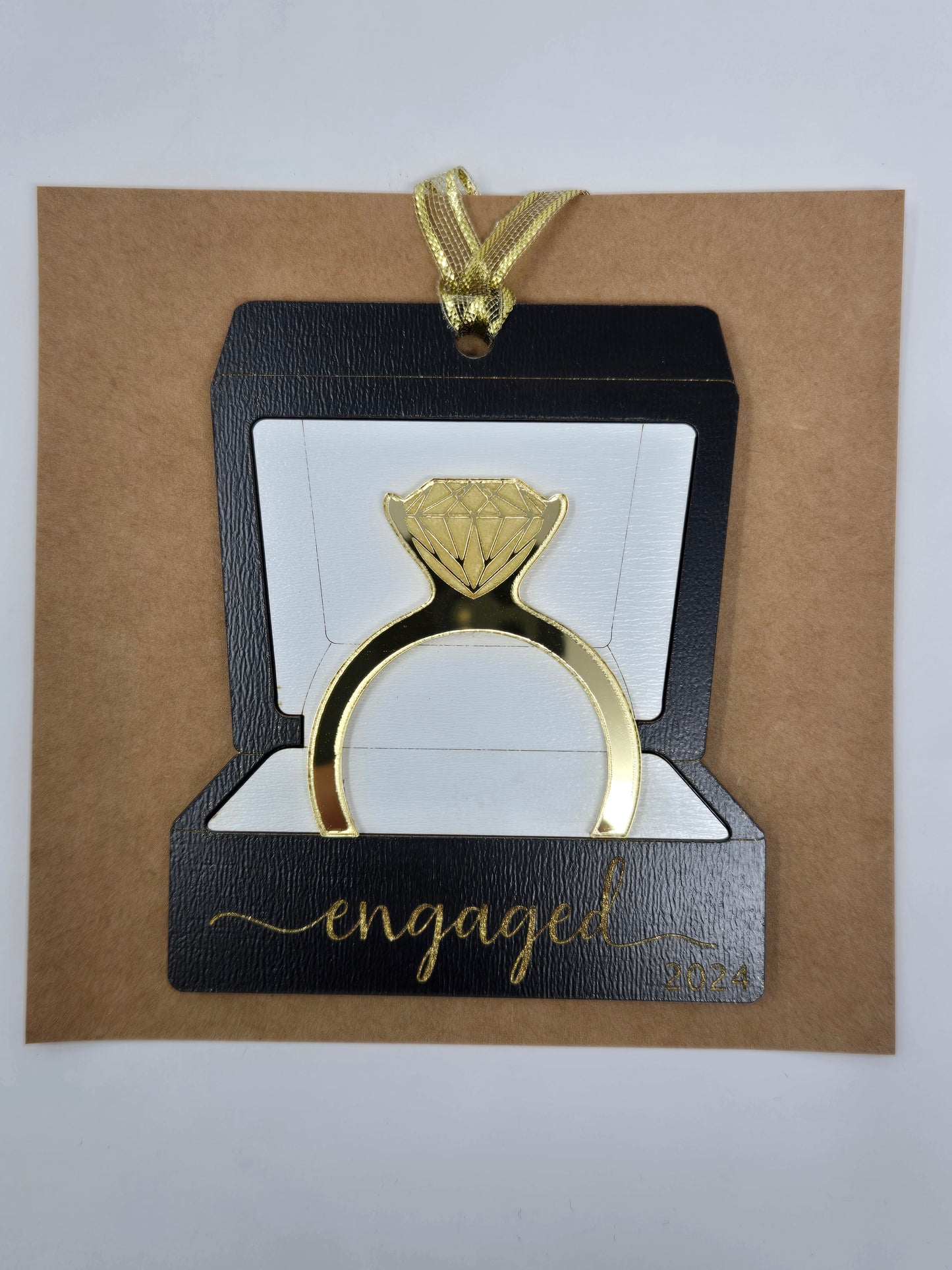 "Engaged" Golden Ring in a Box Ornament – A Heartfelt Christmas Keepsake - Made in USA