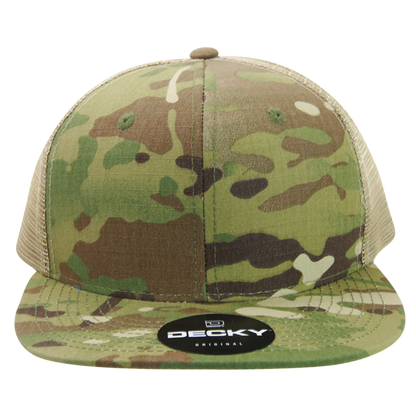 High Crown Multi Camo Trucker Snapback Cap, Camo/Khaki Adjustable Hat