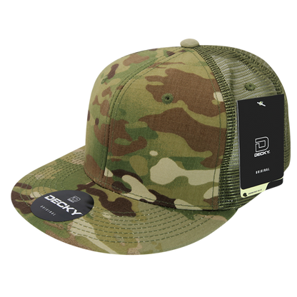 High Crown Multi Camo Trucker Snapback Cap, Camo/Olive Adjustable Hat