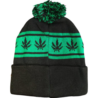 BLACK Pom Cuffed Knit Marijuana Leaf KUSH Printed Stripe Beanie Hats