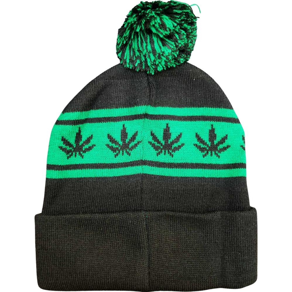 Black Pom Cuffed Knit Marijuana Leaf Printed Stripe Beanie Hats