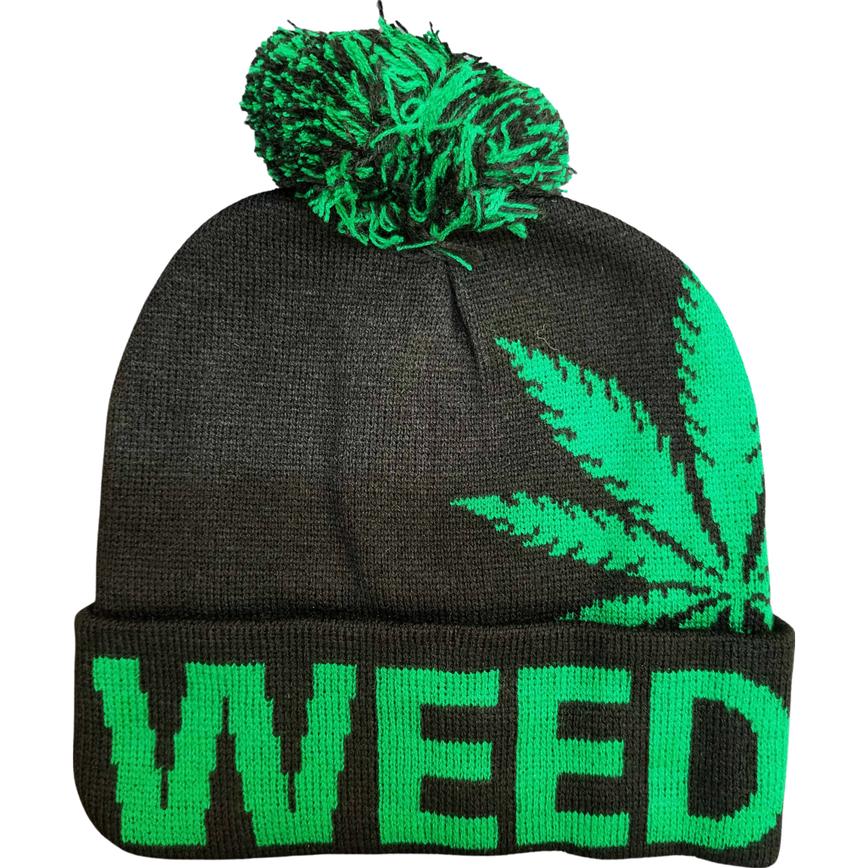 Black Pom Cuffed Knit Marijuana & Weed Printed Beanie Hats