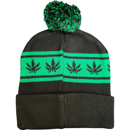 Black Pom Cuffed Knit Marijuana & Weed Printed Stripe Beanie Hats